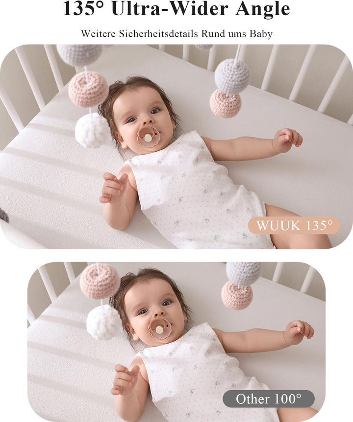 WUUK 2K/3MP Babyphone mit Kamera, 5.5 Zoll Display mit 360° PTZ Baby Monitor, 135° Weiter Blickwinke