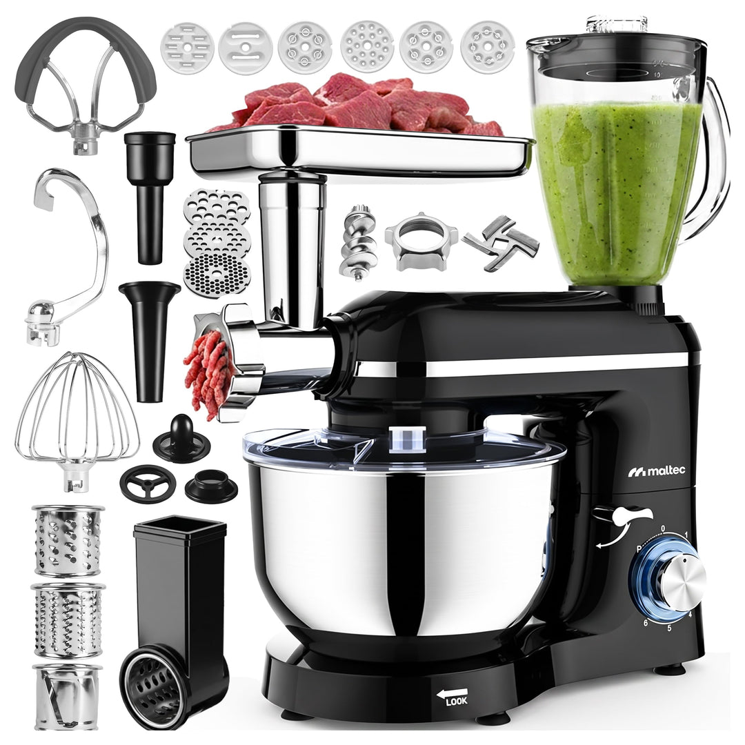 MalTec Küchenmaschine 3in1 2000W 6,2L mit Planetenrührwerk, Mixeraufsatz 1,5L, Fleischwolf, Nudelauf