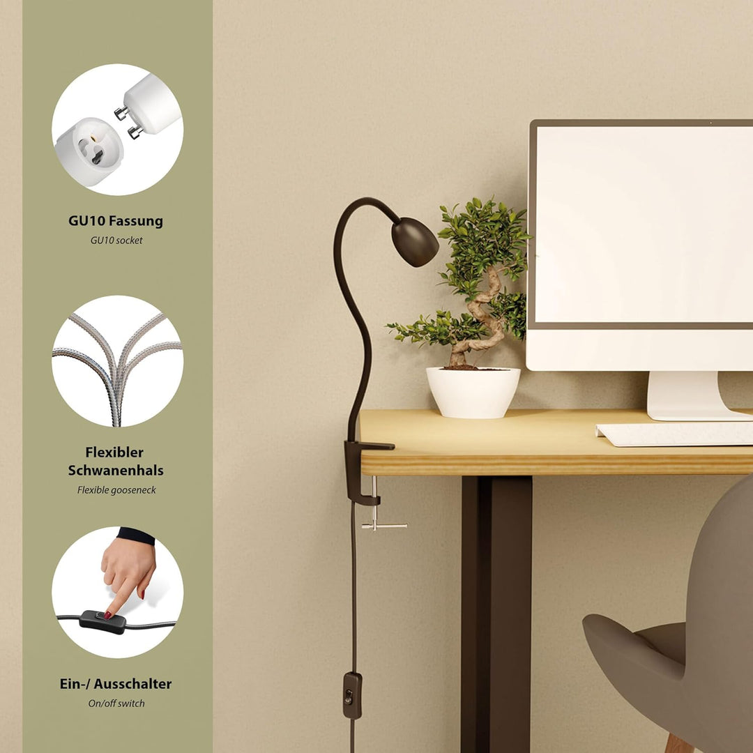 ledscom.de GU10 Klemmlampe KLUK mit Schwanenhals, schwarz inkl. GU10, weiss, 4,888W, je 450lm, 2 Stk