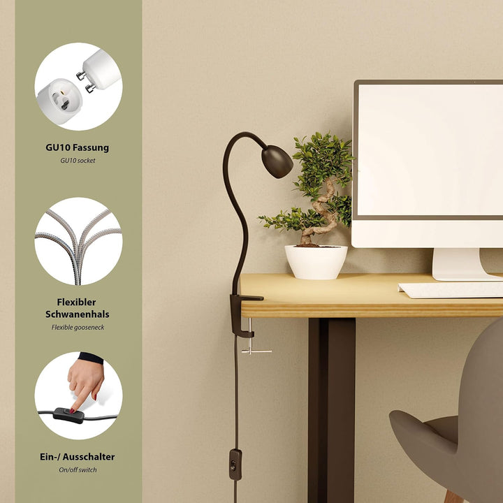 ledscom.de GU10 Klemmlampe KLUK mit Schwanenhals, schwarz inkl. GU10, weiss, 4,888W, je 450lm, 2 Stk