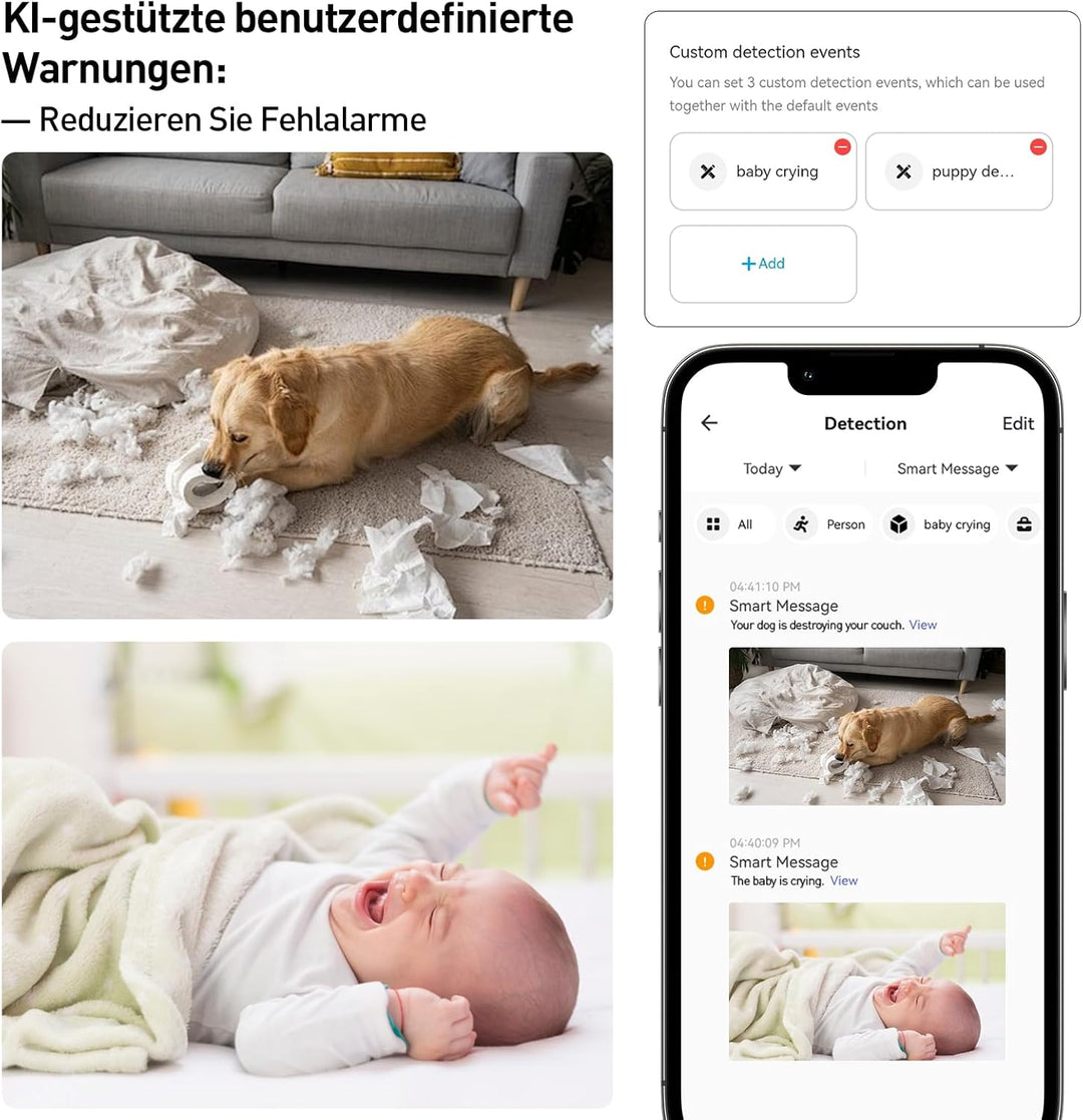 WLAN Überwachungskamera Innen 360°, KI-Kamera Überwachung mit Benutzerdefinierte Szenariowarnungen(R