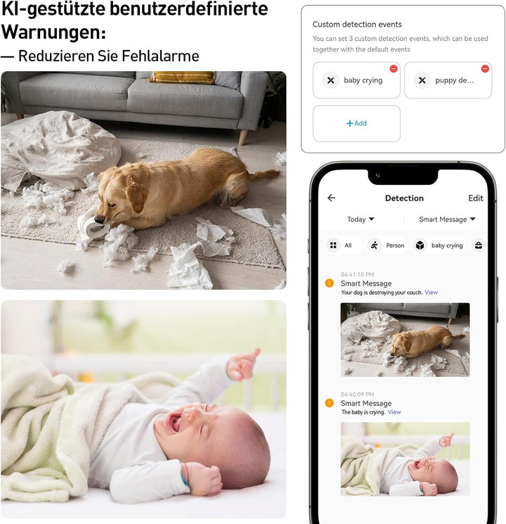 AMOROM WLAN Überwachungskamera Innen 360°, 2K KI-Kamera Überwachung mit Benutzerdefinierte Szenariow
