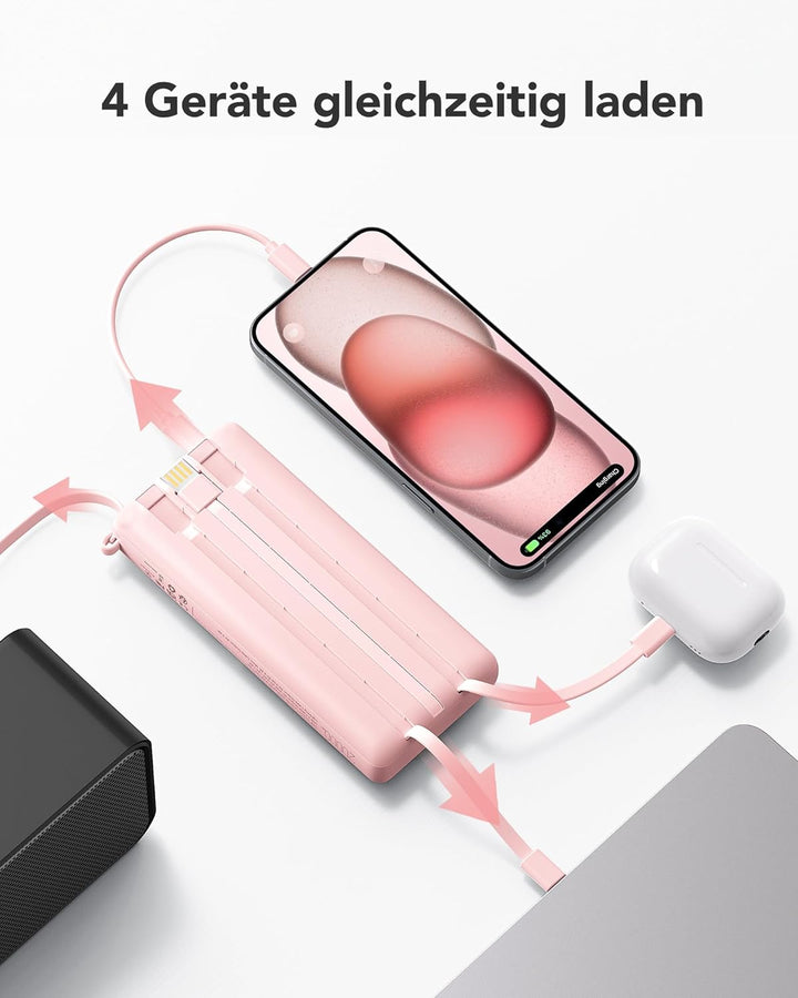 VRURC Powerbank 22.5W Schnelles Aufladen, 20000mAh Power Bank mit Kabel Tragbares Ladegerät USB C LE