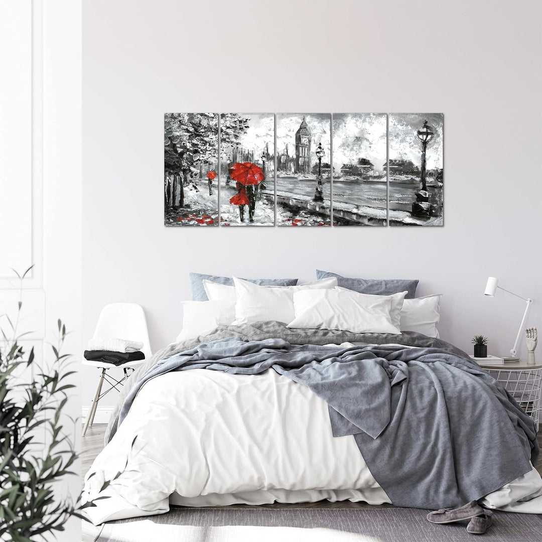 Runa Art Wandbild XXL London Wohnzimmer Schlafzimmer 200 x 80 cm Rot Grau 5 Teilig - Made in Germany