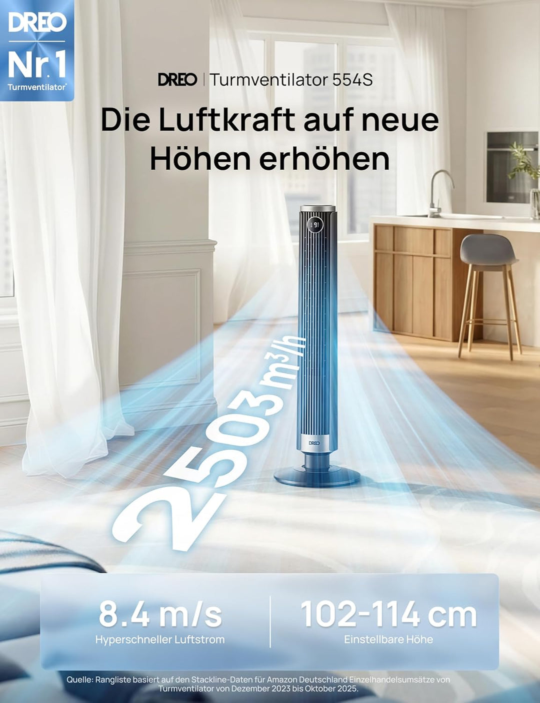 DREO Smart 102–114cm Turmventilator fürs Schlafzimmer, Höhenverstellbar, 8.4m/s, DC-Motor, 9 Stufen,
