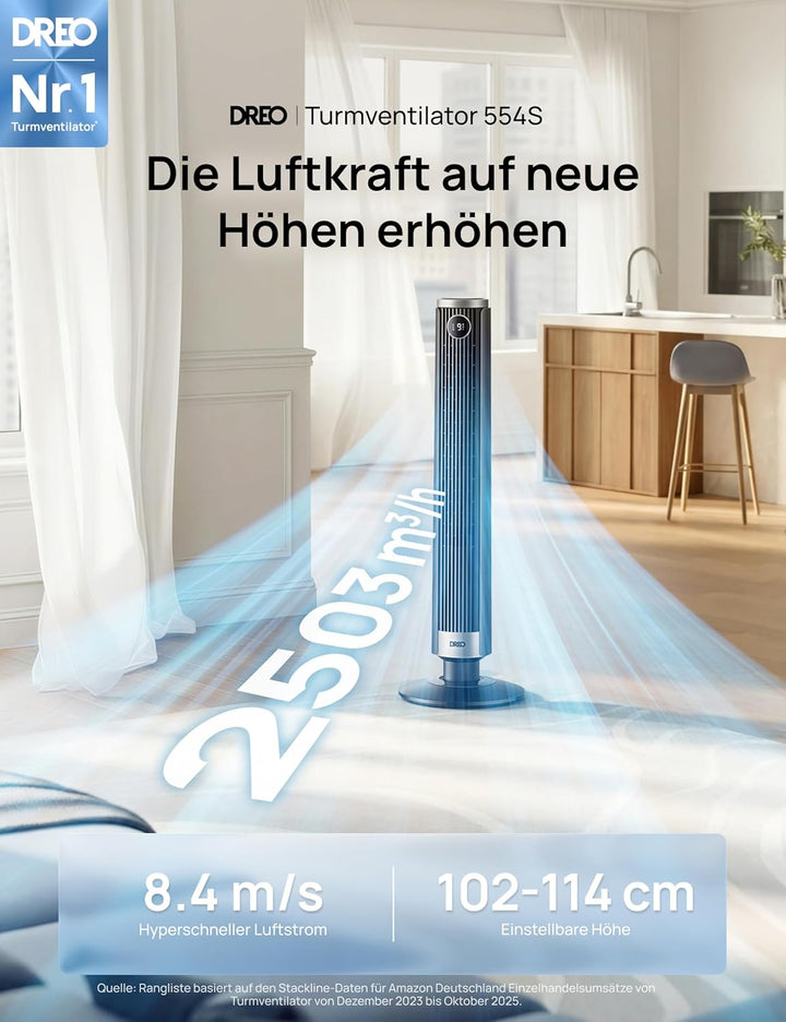 DREO Smart 102–114cm Turmventilator fürs Schlafzimmer, Höhenverstellbar, 8.4m/s, DC-Motor, 9 Stufen,