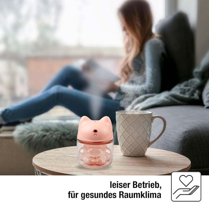 Hellum Luftbefeuchter Katze, tragbar in rosa, Diffuser 9x12cm gross, süsser Luftbefeuchter Kinderzim