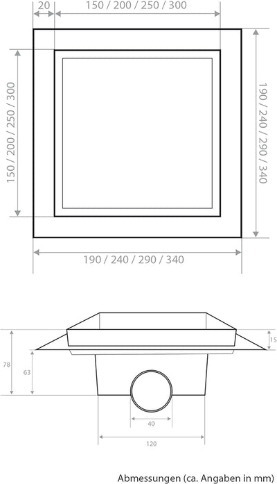 VILSTEIN© Duschrinne, Quadrat, Befliesbar, 15x15 cm, Siphon mit Geruchsstop und Haarsieb, Quadratisc