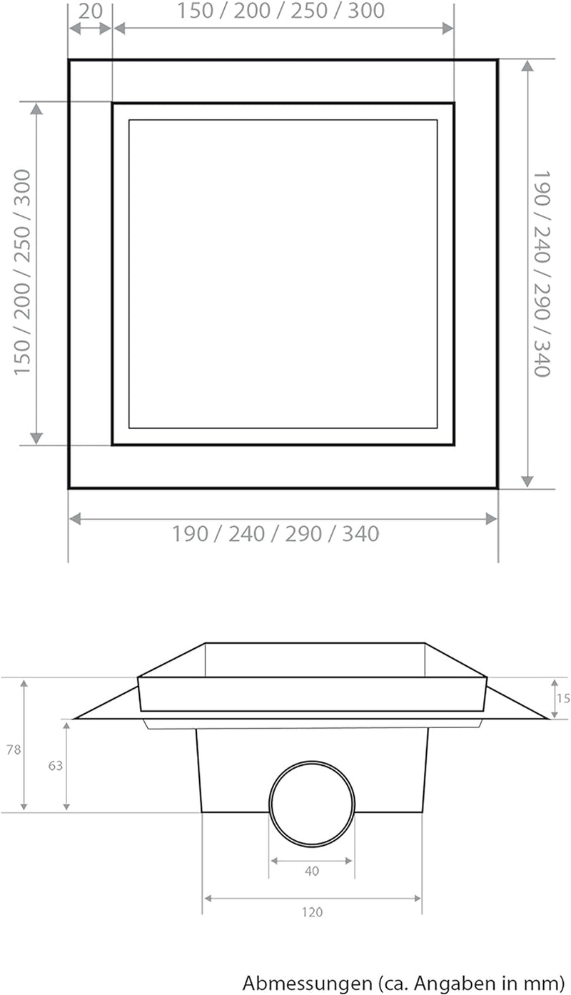 VILSTEIN© Duschrinne, Quadrat, Befliesbar, 15x15 cm, Siphon mit Geruchsstop und Haarsieb, Quadratisc