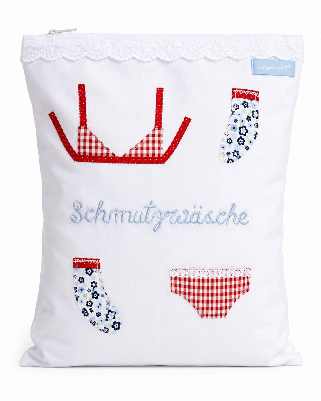 Wäschebeutel Aufbewahrung schmutzige Wäsche weiss 38 x 27 cm bestickt Baumwolle Fair Trade Ringelsus