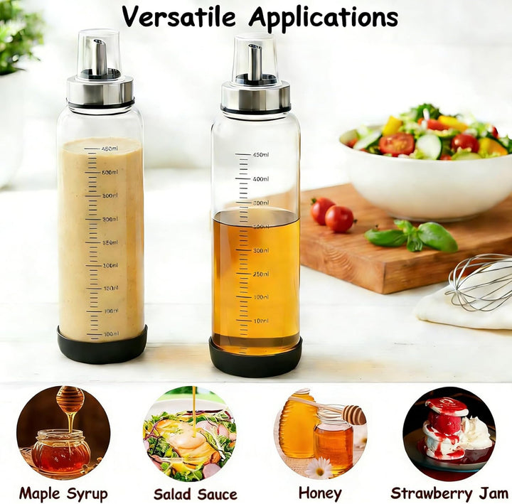 Salatdressing Shaker aus Glas 450 ml 2er Set, Dressingshaker mit Edelstahl Ausgiesser Tropffrei, Sau