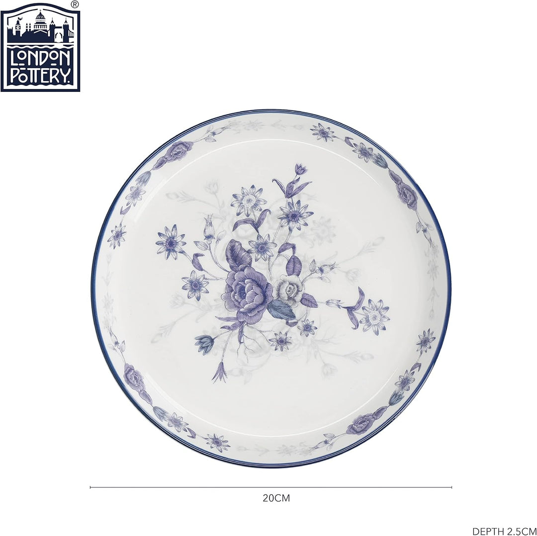 London Pottery Blue Rose Kuchenteller, Keramik, Mandel-Elfenbeinweiss/Blau, 20 cm