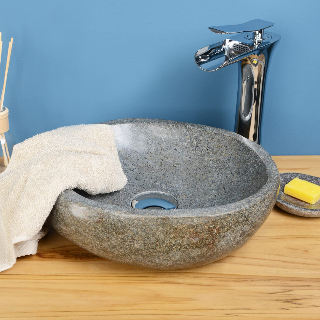 Naturstein Waschbecken grau oval 30 cm von WOHNFREUDEN - Unikat Badezimmer Flussstein Waschbecken Au