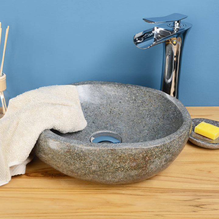 Naturstein Waschbecken grau oval 30 cm von WOHNFREUDEN - Unikat Badezimmer Flussstein Waschbecken Au