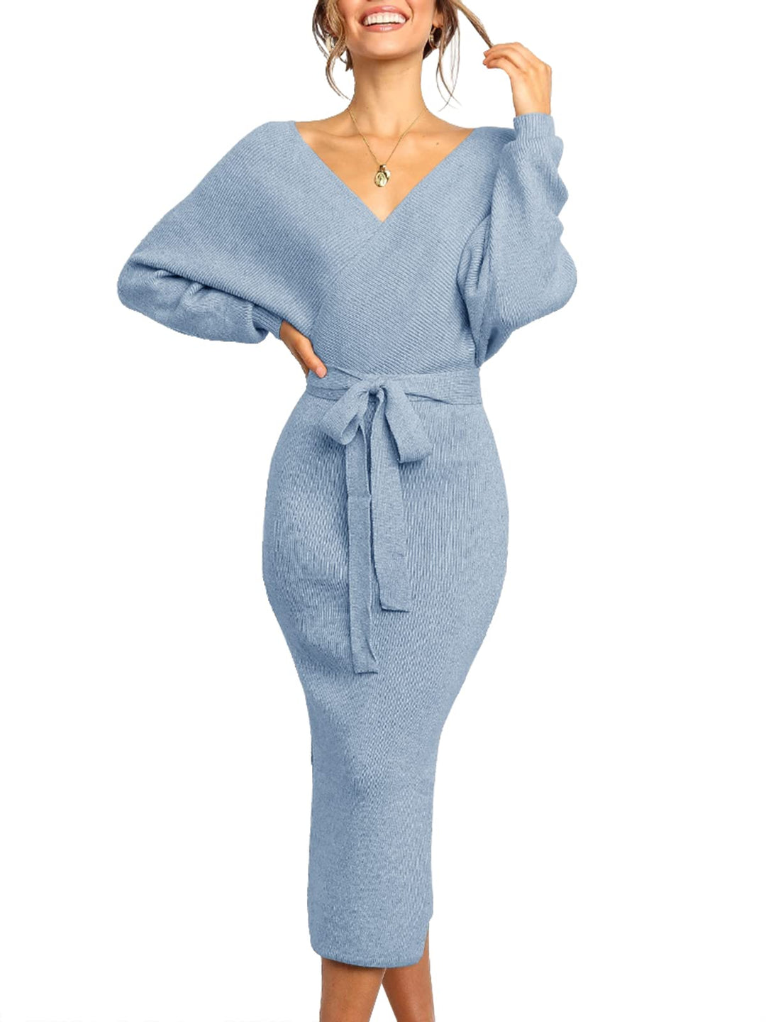 Saodimallsu Damen V-Ausschnitt Pulloverkleid Strickkleid Langarm Pullover Schlitz Offener Rücken Fig