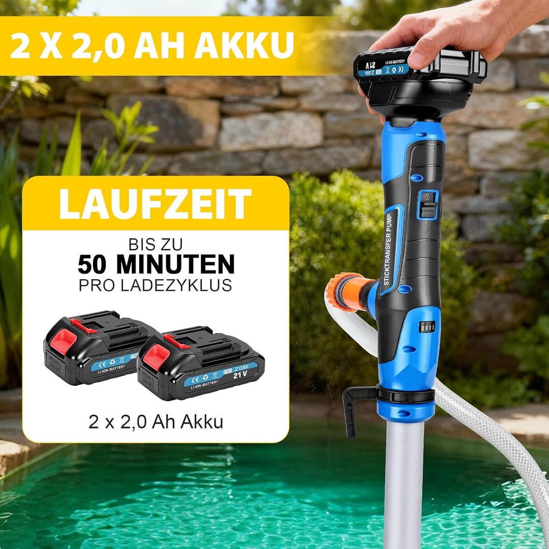 Akku Regenfasspumpe Wasserpumpe mit 2xAkkus, Kabellose Stab-Wasserpumpe, Max. Förderleistung 3000 L/
