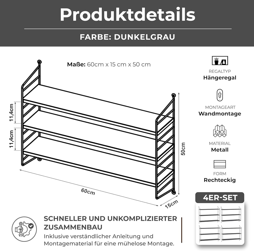[en.casa] Modulares Wandregal Strängnäs 4er Set Metallregal Dunkelgrau Hängeregal mit 3 Regalböden B