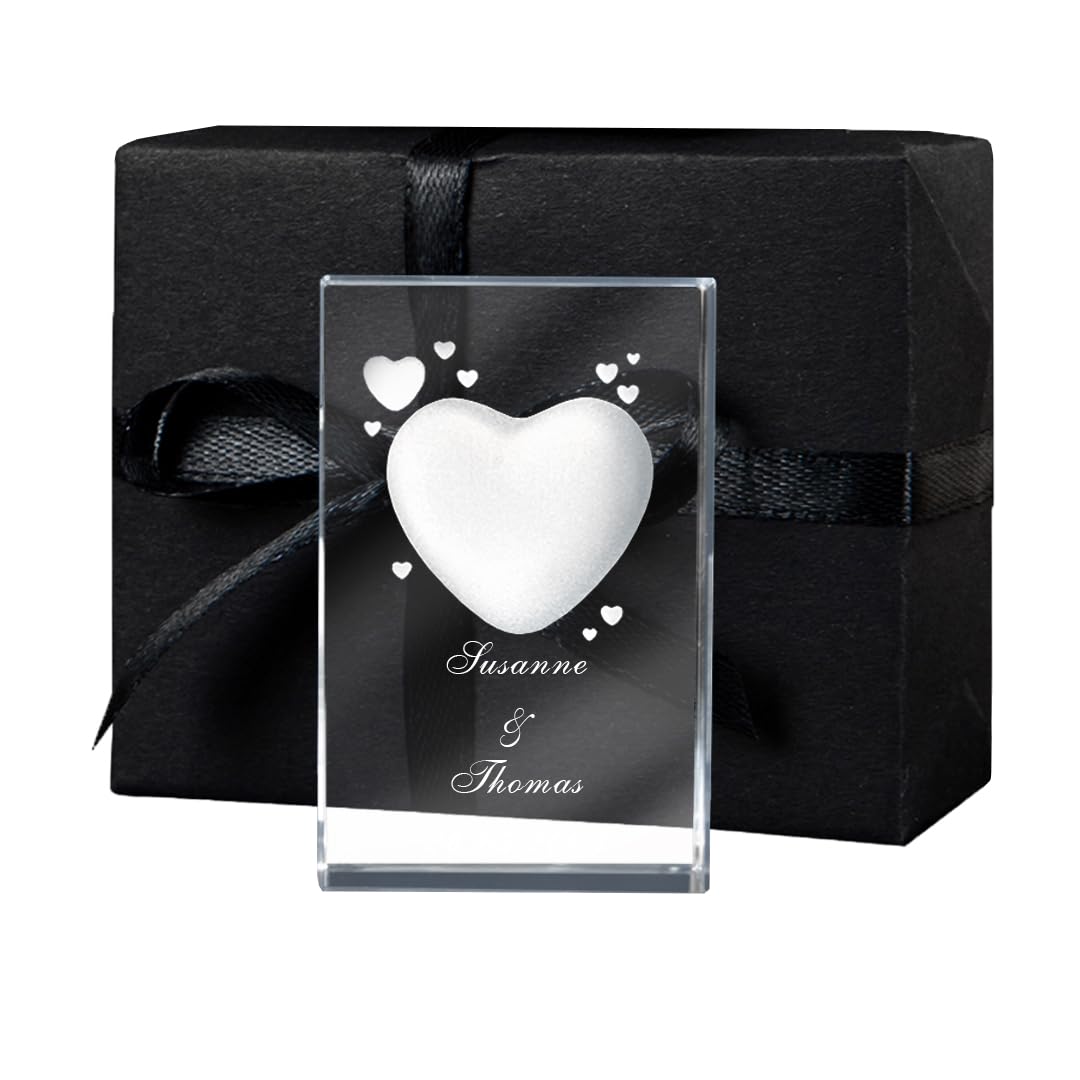 LOOXIS Personalisierte 3D Herz-Gravur im Glas – versch. Motive, Namen, Wunsch-Text – Geschenk-Idee z