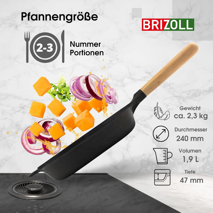 4BIG.fun Gusseisen Pfanne Ø 24 cm mit Glasdeckel BRIZOLL Schmorpfanne Bratpfanne mit Griff abschraub