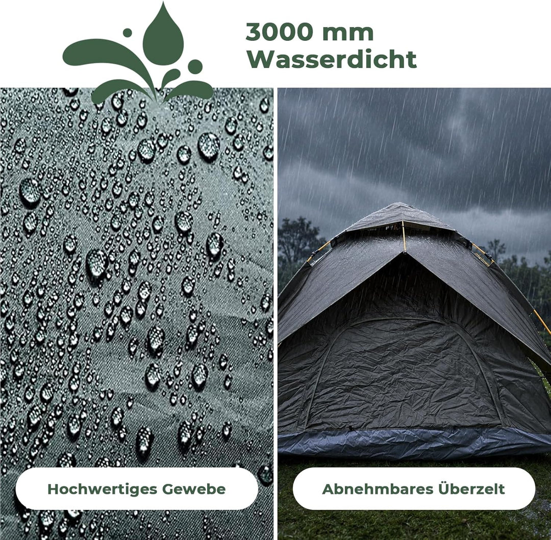 Pop Up Zelt 3-4 Personen, Automatisches Wurfzelt mit 3000mm Wasserdicht, Doppelwand Campingzelt für