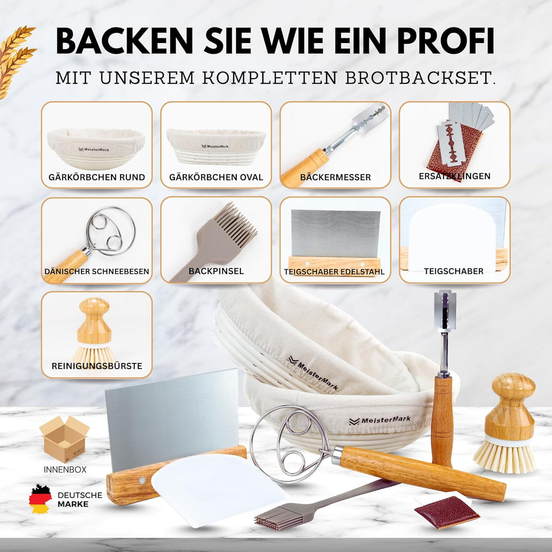 Gärkörbchen 2er-Set – Rund & Oval Gärkörbe aus 100% Rattan zum Brotbacken inkl. Brotbackzubehör: Lei