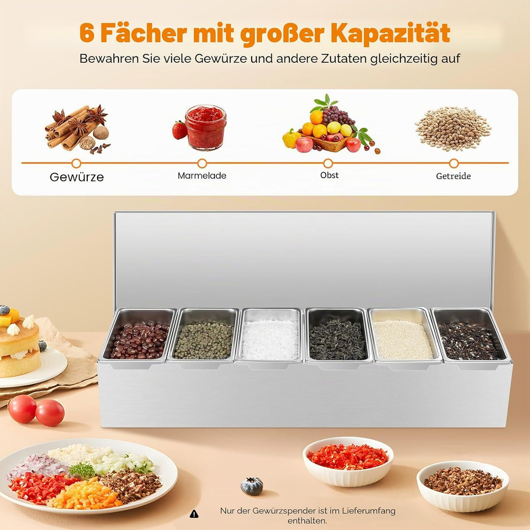 Gewürzbox 6 Gitter X 450ml Edelstahl, Zutatenbehälter | Beilagenbehälter | Pizza Zutatenbehälter | T