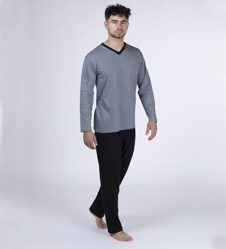 Moonline - Herren Schlafanzug lang aus 100% Baumwolle mit V-Ausschnitt und Streifen-Design M Grau, M
