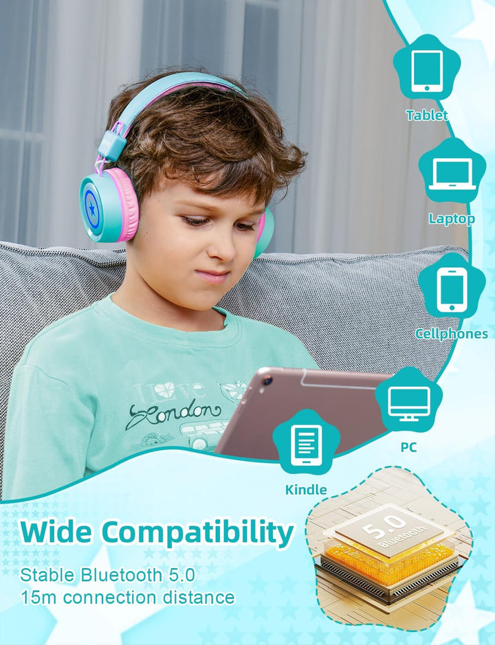 riyo Bluetooth Kopfhörer Kinder, Kinderkopfhörer Kabellos mit LED-Leuchten Bluetooth 5.0 Kinder Kopf