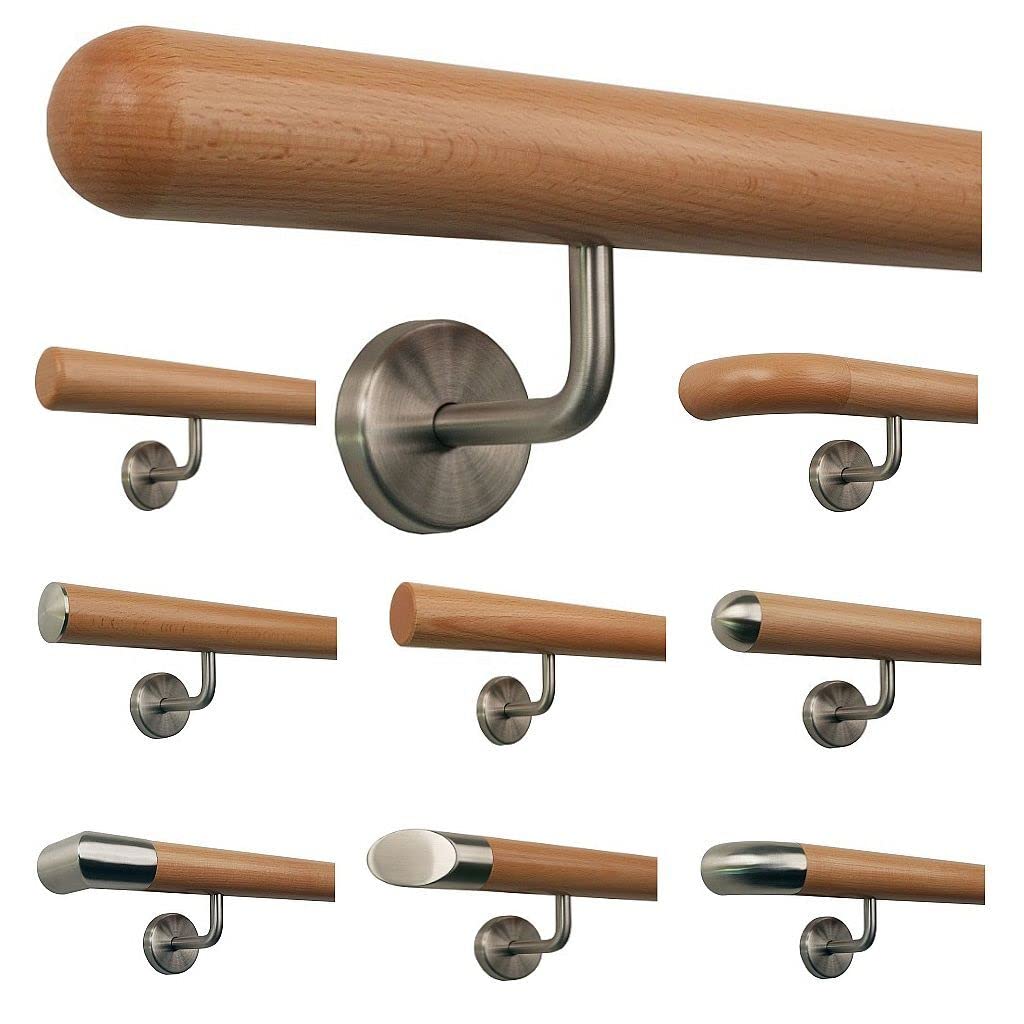 TIBU Buche Geländer Handlauf Treppe Holz Griff gew. Edelstahlhalter, Länge 30-500 cm aus einem Stück