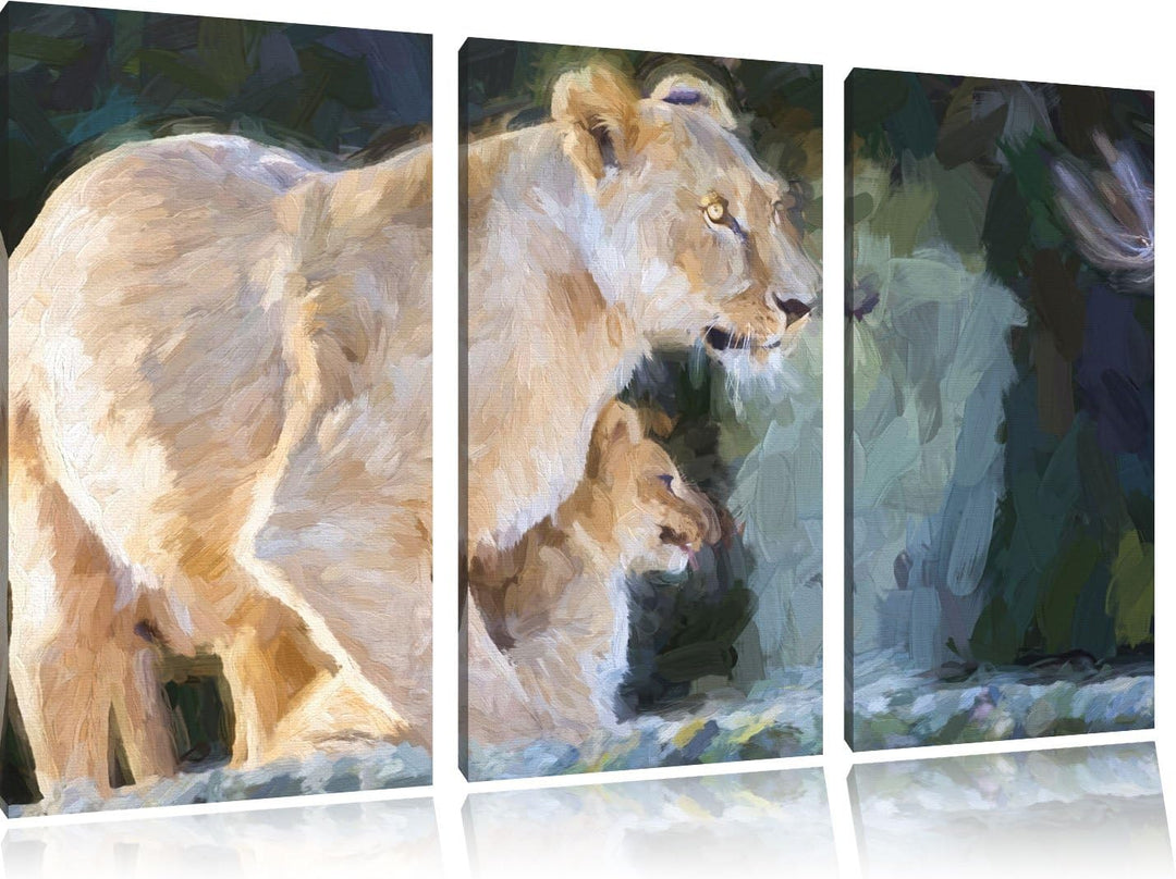 Löwenmutter mit Jungtier Spezial 3-Teiler Leinwandbild 120x80 Bild auf Leinwand, XXL riesige Bilder