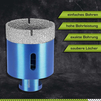 Profi Fliesenbohrer 55mm x M14 - Diamantbohrer für harte Fliesen, Feinsteinzeug uvm. Diamantbohrkron