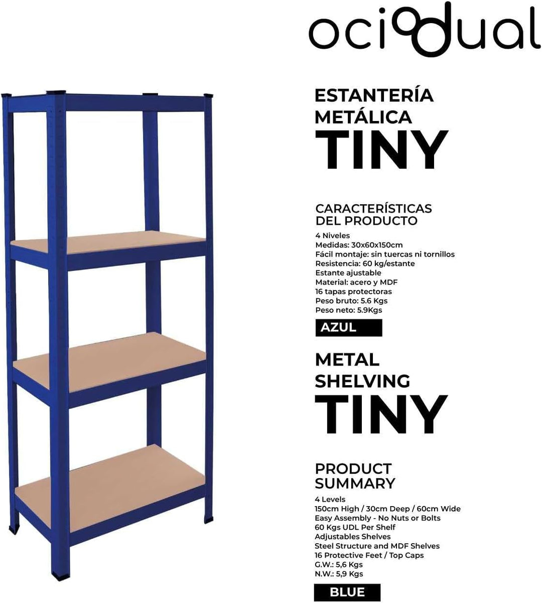 OcioDual Schwerlastregal Blau Tiny, Haushaltsregal, Kellerregal, Standregal, Metallregal, 150x60x30c