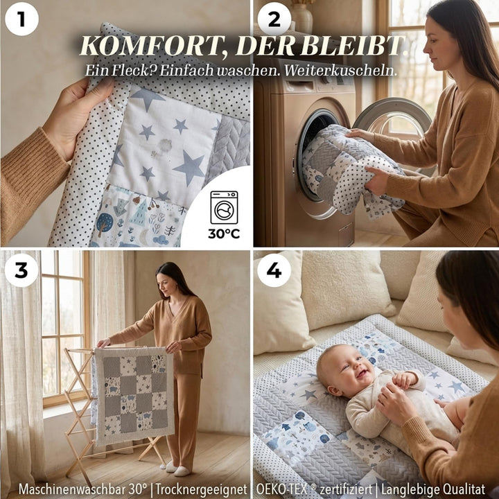 DANKA® Extra dicke Krabbeldecke 100x100 cm – 100% Baumwolle – weich &amp; sicher auf harten Böden – falt