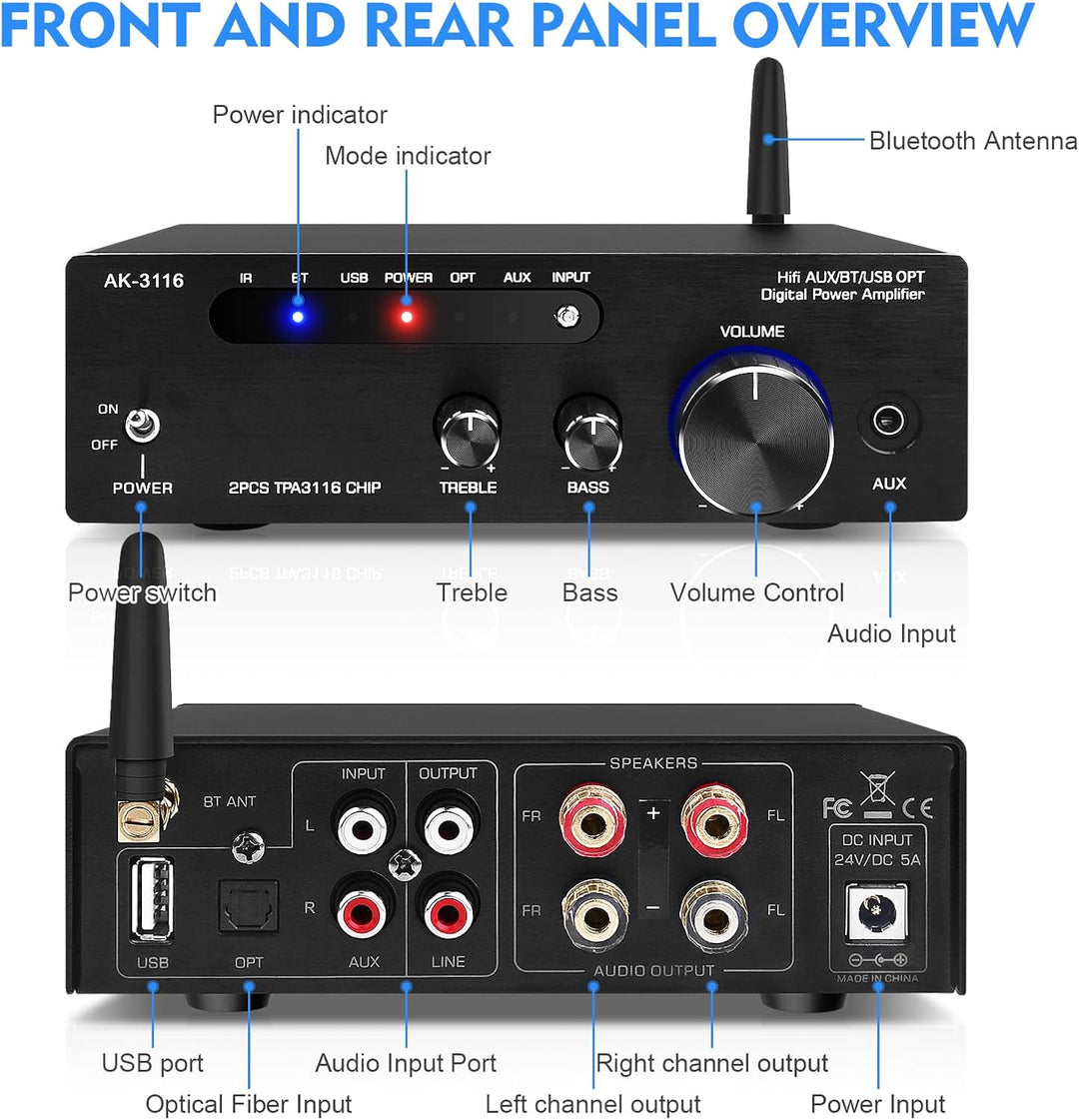HiFi-Verstärker mit Bluetooth 5.3, AK-3116 Mini Stereo Audioverstärker 2.0-Kanal 100W x 2 Empfänger