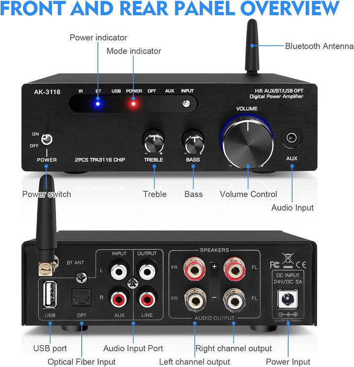 HiFi-Verstärker mit Bluetooth 5.3, AK-3116 Mini Stereo Audioverstärker 2.0-Kanal 100W x 2 Empfänger
