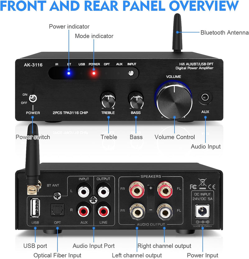 HiFi-Verstärker mit Bluetooth 5.3, AK-3116 Mini Stereo Audioverstärker 2.0-Kanal 100W x 2 Empfänger