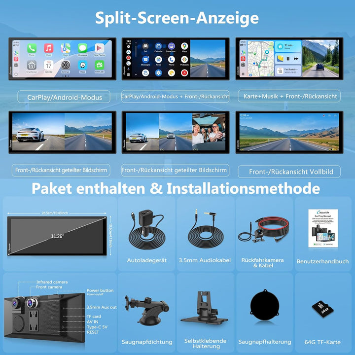 Carpuride W125S Carplay Bildschirm mit 3 Kanal Dash Cam, 4K Front & 1080P Rückkamera, 1080P Infrarot