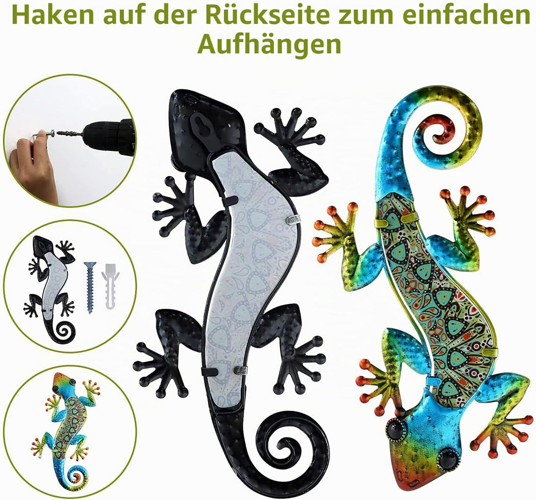 HONGLAND Metall-Gecko-Wanddekoration, Wandbild Metall,Eidechse, Wanddeko Outdoor,Gartenkunst, farbig