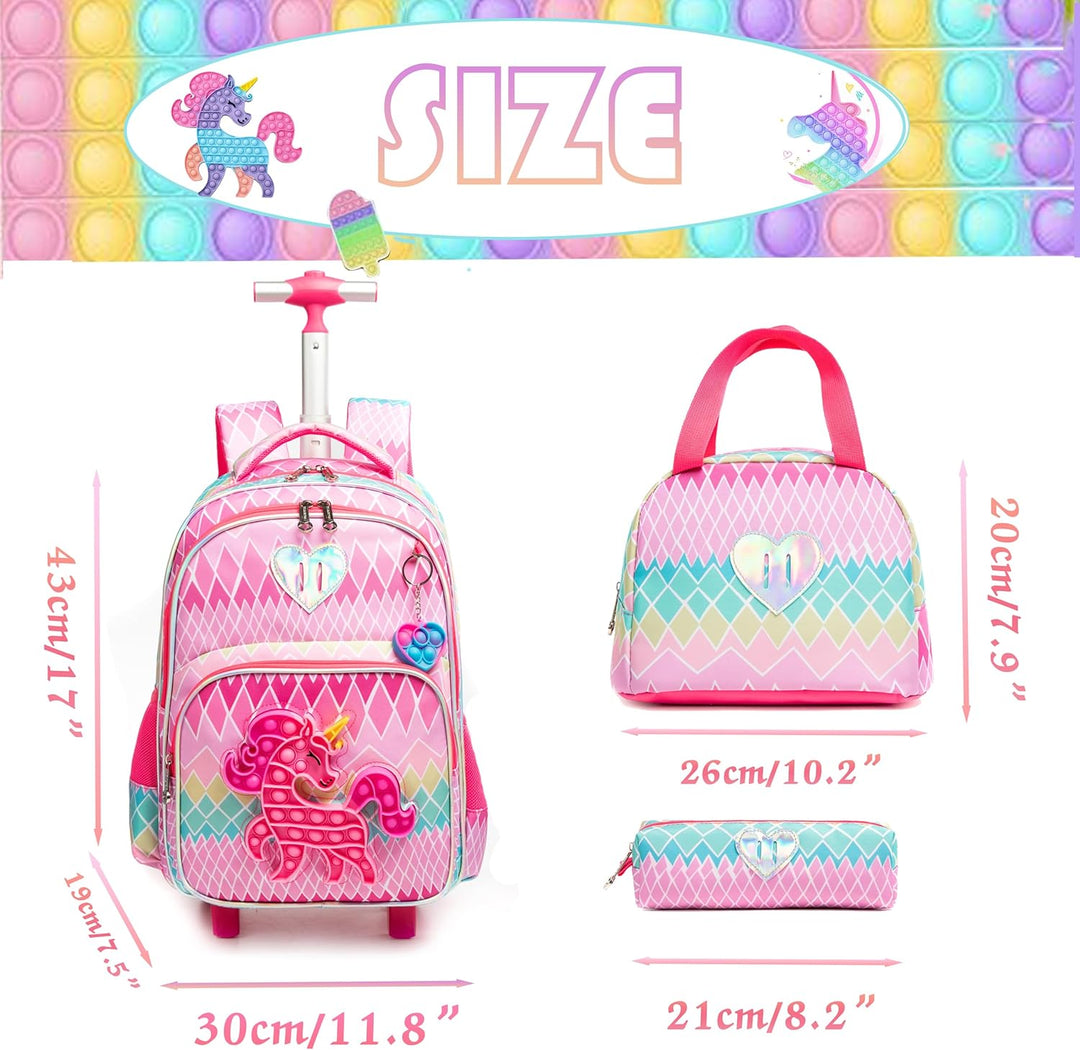 HTgroce Rollrucksack Schulranzen mit Rollen 1. klasse für Mädchen Pop it Rucksack Zoll Set 3 in 1 mi