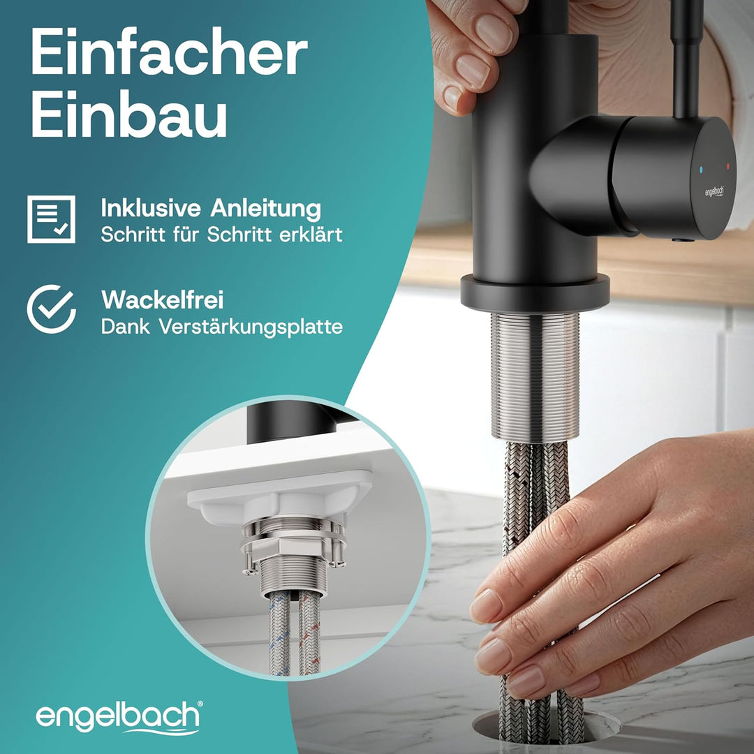 Engelbach® Wasserhahn Küche Schwarz - 360° Schwenkbare Küchenarmatur aus 304 Edelstahl - inklusive t