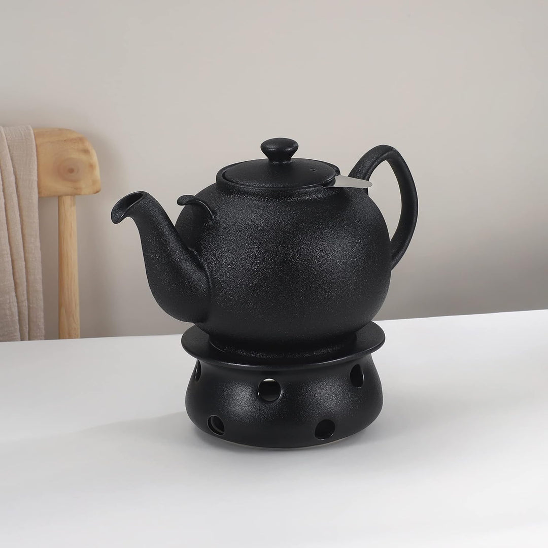 Teekanne mit Stövchen Keramik 1,6 L (Schwarz) Teekanne mit Edelstahl Sieb aus Keramik, Teekanne Live