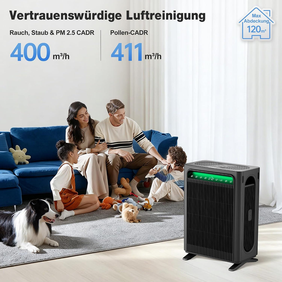 KNKA Luftreiniger Air Purifier APH4000, Doppelfilter-System, CADR 400m³/h, bis 120m², HEPA-Leistung