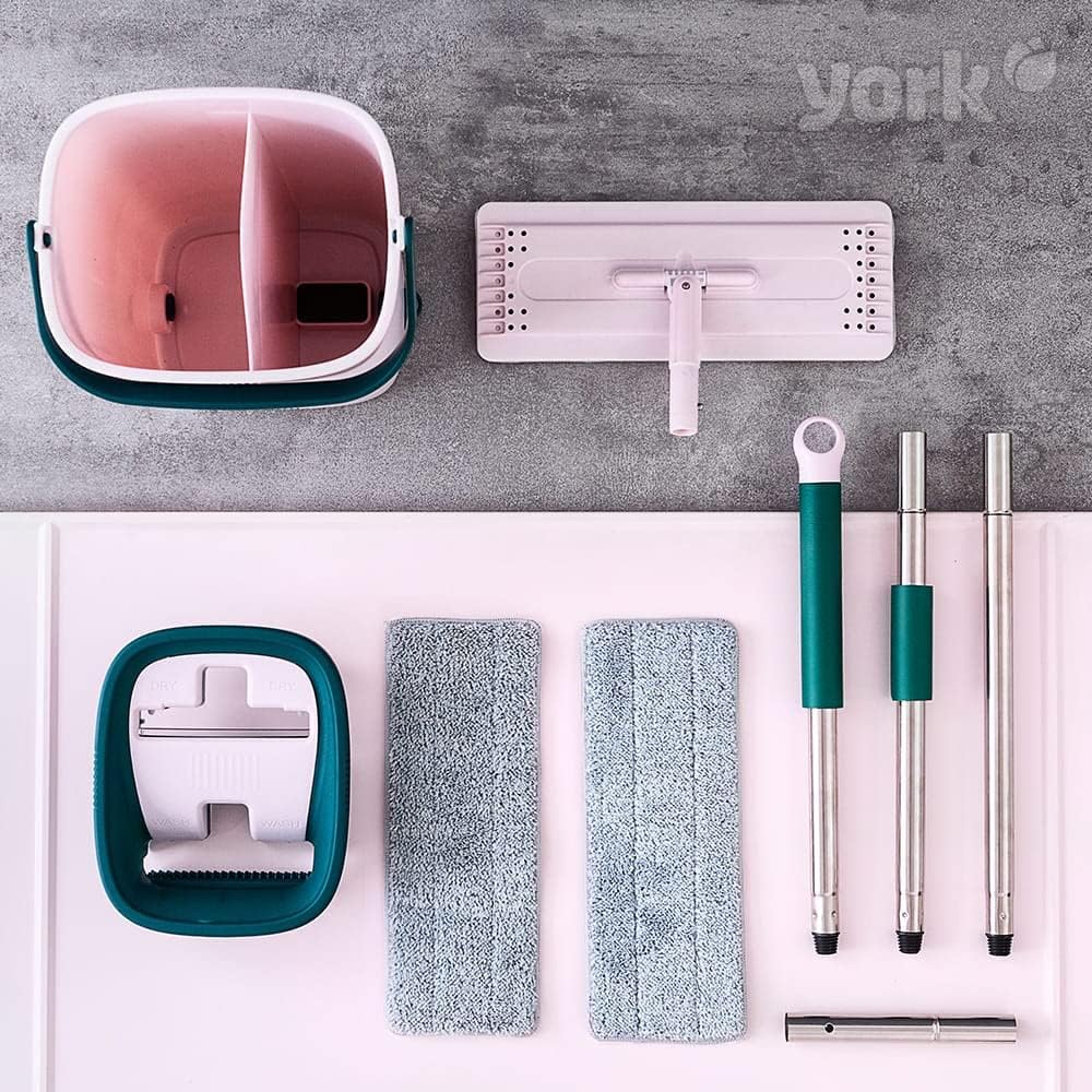 York Flachmopp Handy mit Stiel und Eimer | aus Mikrofaser | saugfähig | für Bodenreinigung | ohne Wa