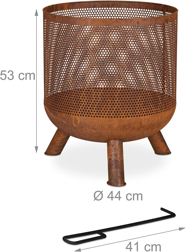 Relaxdays Feuerkorb, Mesh Design, Rostoptik, Feuerrost, Schürhaken, HxD: 53 x 44 cm, Garten Feuerton