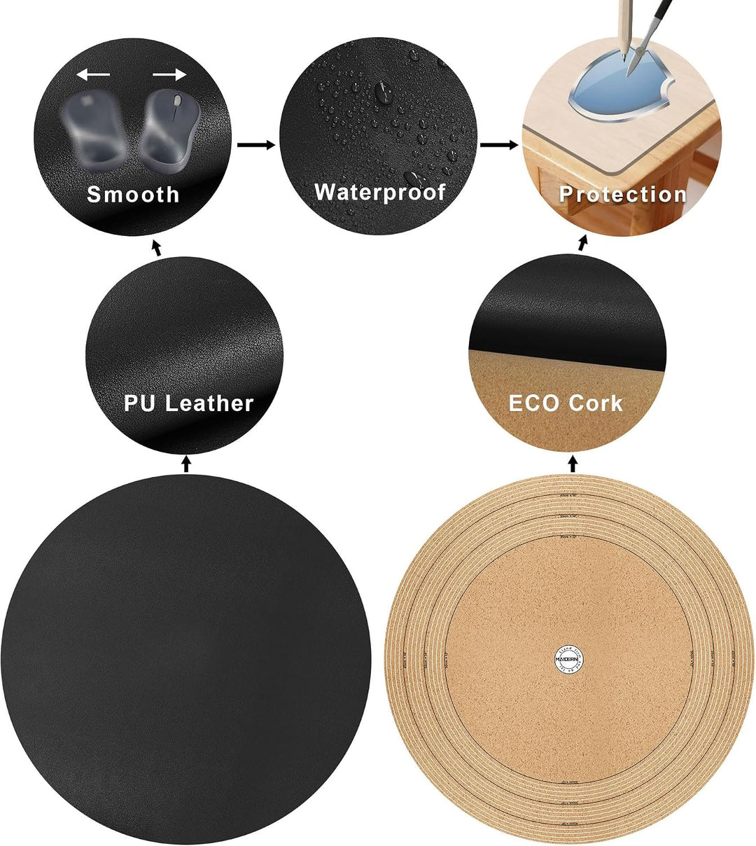 MAIDERN 45cm Runde Leder-Tischdecke mit integrierter Schnittlinie – Perfekt anpassbar für runde Tisc