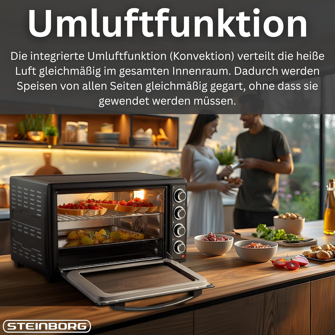 Steinborg® Mini Backofen 60 Liter mit Umluft & Drehspiess, 2000W Tischbackofen gross XXL, 100–230°C,