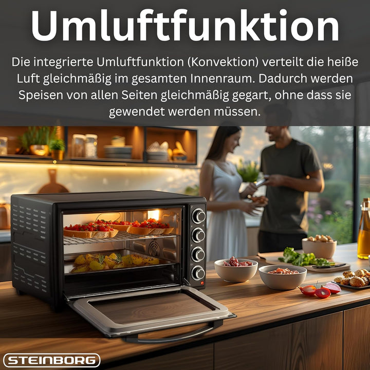 Steinborg® Mini Backofen 60 Liter mit Umluft & Drehspiess, 2000W Tischbackofen gross XXL, 100–230°C,