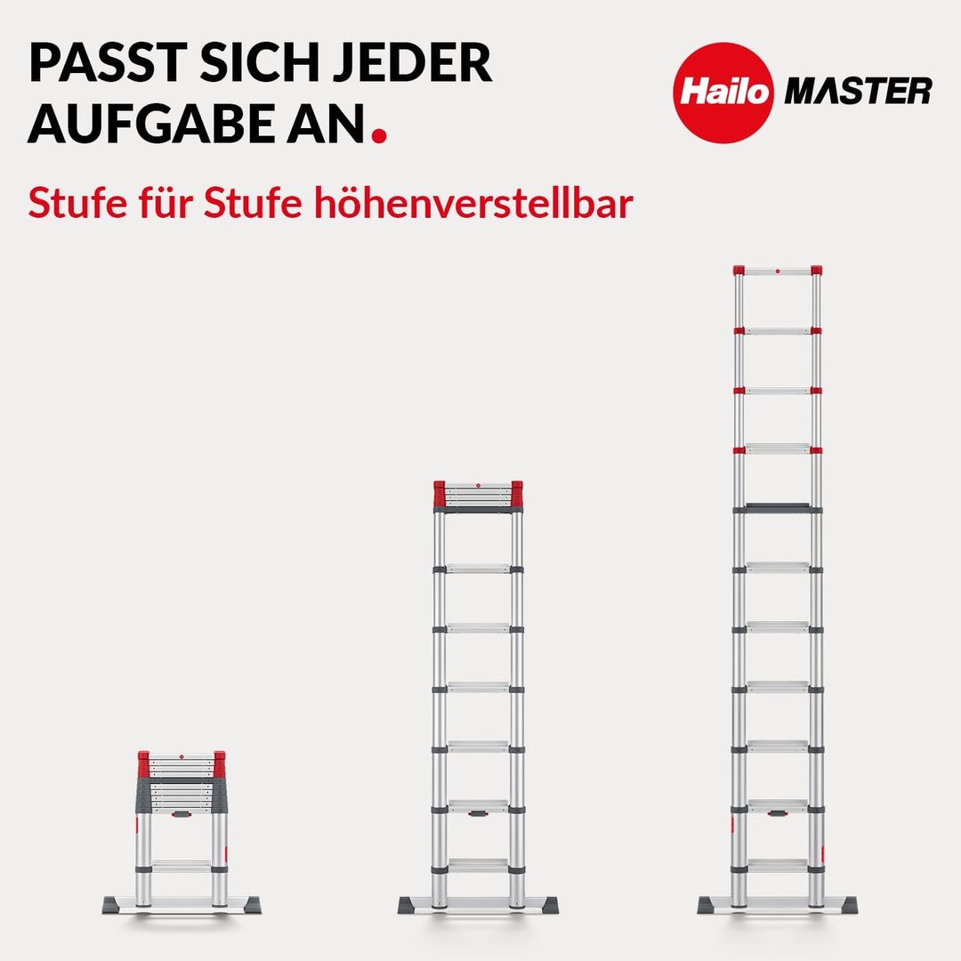 Hailo T100 FlexLine Sicherheits-Teleskopleiter - ausziehbare Leiter aus Aluminium mit bis zu 11 Stuf