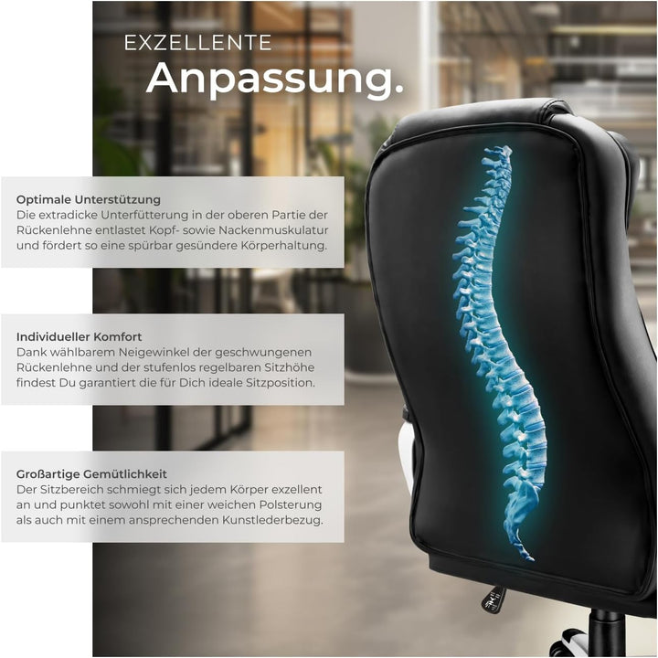 tectake Chefsessel, Bürostuhl ergonomisch, Drehstuhl mit Rollen, Gaming Stuhl, hohe Rückenlehne und