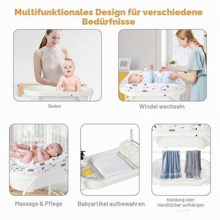 LIFEZEAL Wickeltisch mit Badewanne, 2 in 1 Flatbare Bade-Wickelkombination auf Räder, Badewannenaufs